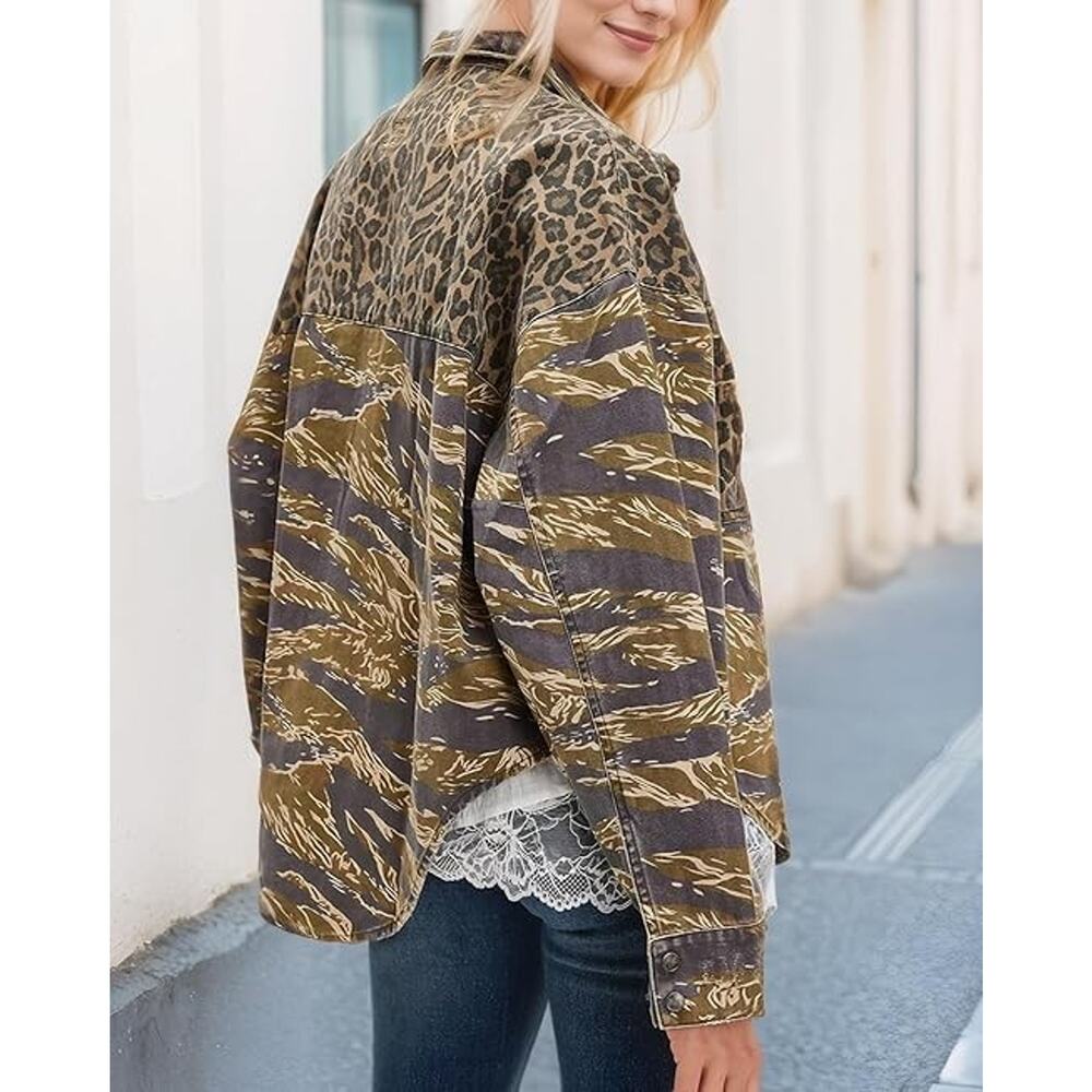 Leopard Printed Denim Jacket Fashion Button Up Vintage Western Trucker, XXL - Picture 2 of 3